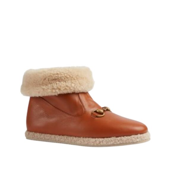 NWOB Gucci Fria Horsebit Ankle Boots Womens 41 10 Brown Leather Sherpa Lined NEW - Picture 1 of 13
